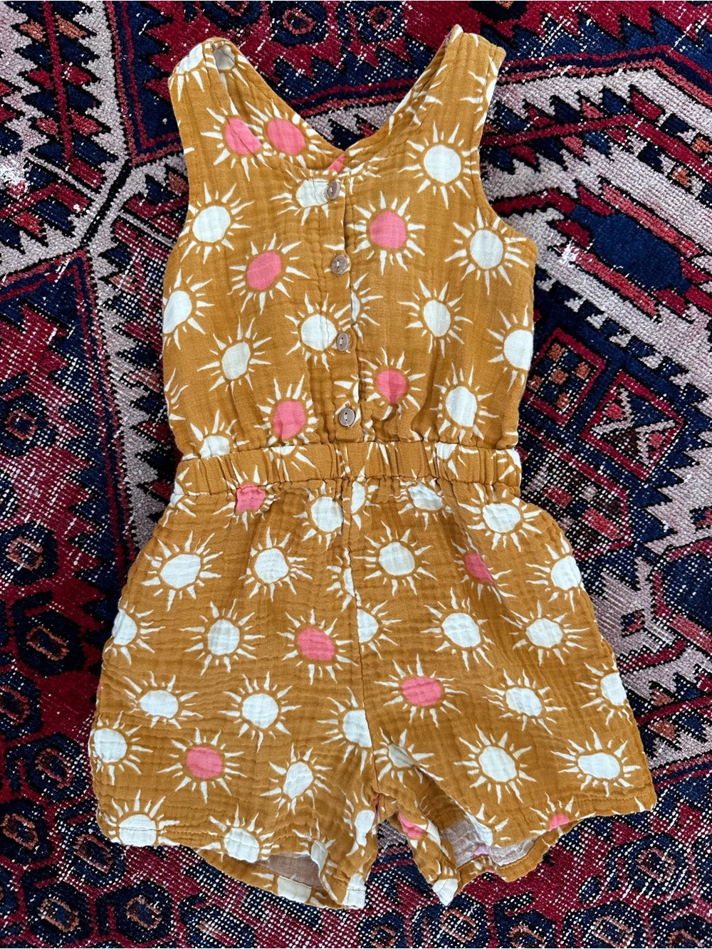 Old Navy Mustard Romper with Pink & White Sun Motif